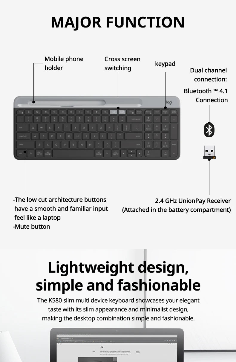 Logitech K580 Wireless Keyboard Portable Thin Light Multi-device Office Keyboard For PC Tablet Laptop Ipad Office Computer