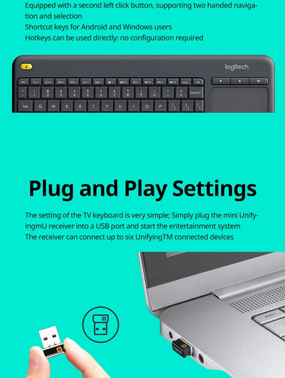 Logitech K400Plus Wireless Keyboard with Touch Panel Android Smart TV PC Laptop Office Keyboard Original binding