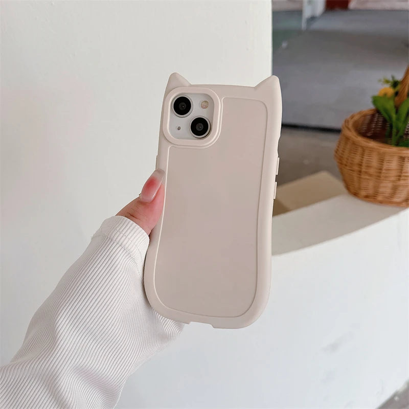 Korean Cute 3D Kitten Cats Ear Solid color Phone Case For iPhone 15 14 13 11 12 Pro Max Girl Silicone Shockproof Soft Cover