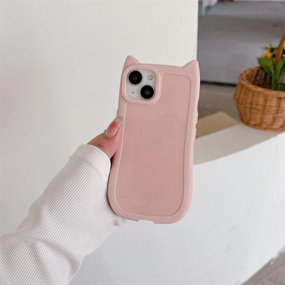 Korean Cute 3D Kitten Cats Ear Solid color Phone Case For iPhone 15 14 13 11 12 Pro Max Girl Silicone Shockproof Soft Cover