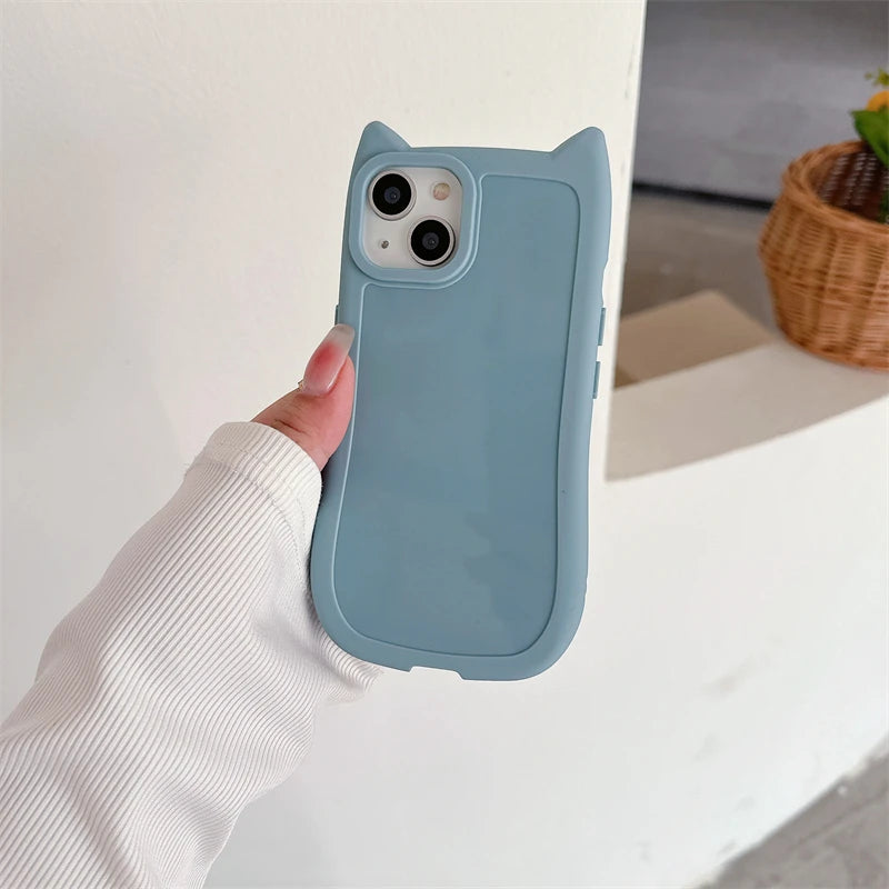 Korean Cute 3D Kitten Cats Ear Solid color Phone Case For iPhone 15 14 13 11 12 Pro Max Girl Silicone Shockproof Soft Cover